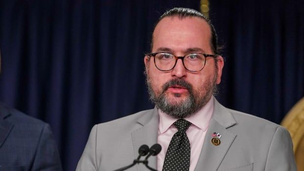 A bearded, bespectacled man in a gray suit speaks into a microphone