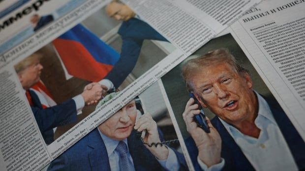 FILE PHOTO: Daily newspapers with covers, dedicated to the recent phone call of Russian President Vladimir Putin and U.S. President Donald Trump, are laid out at a newsstand in a street in Moscow, Russia, February 13, 2025.