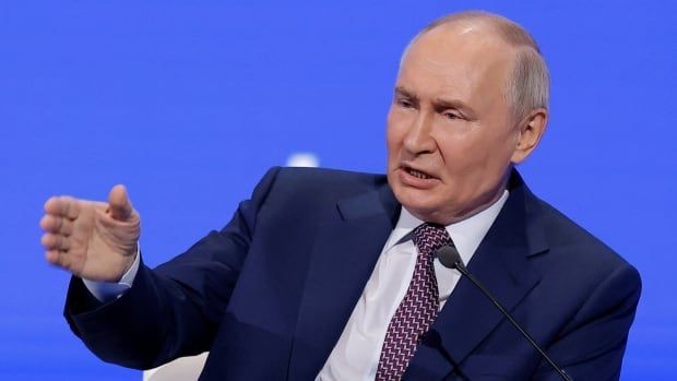 Russian President Vladimir Putin speaks during the Congress of the Russian Union of Industrialists and Entrepreneurs in Moscow, Russia March 18, 2025.