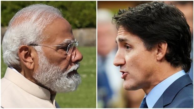 Headshot composite of Indian prime minister and Canadian prime minister, facing one another.