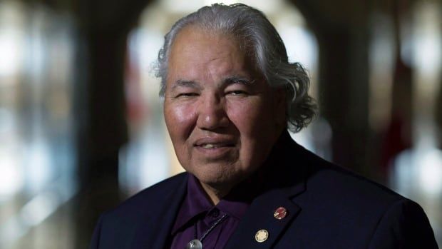 Formal portrait of Murray Sinclair, smiling and looking into the camera, in a hallway.