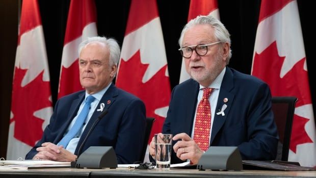 Senate Foreign Affairs and International Trade Committee chair Peter Boehm (left) listens as deputy chair Senator Peter Harder speaks to reporters while seated at the front of the National Press Theatre in Ottawa. 