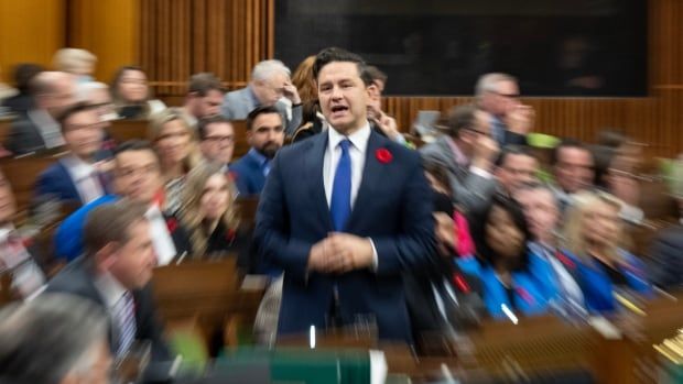 Conservative leader Pierre Poilievre rises during Question Period, Wednesday, November 8, 2023 in Ottawa.