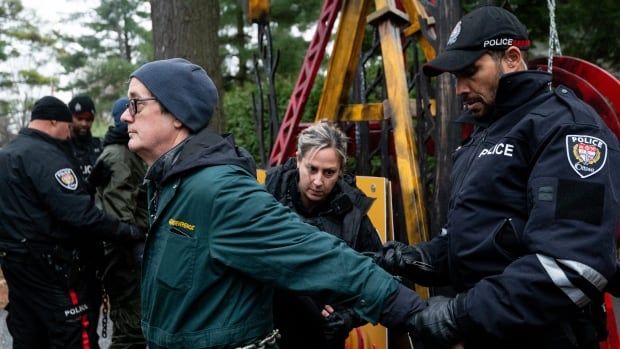 Greenpeace climate activist Keith Stewart, left, is handcuffed by Ottawa Police Service officers after being arrested by the OPS for taking part in a sit-in styled protest calling for greater climate change awareness by Conservative Leader Pierre Poilievre, outside of Stornoway, the official residence of the country's official opposition, in Ottawa, on Thursday, Nov. 21, 2024. THE CANADIAN PRESS/Spencer Colby