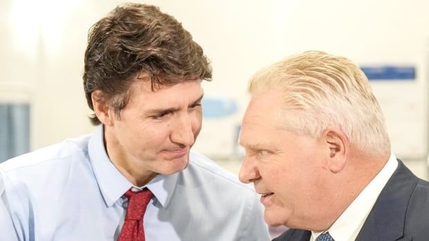 Prime Minister Justin Trudeau and Ontario Premier Doug Ford attend an announcement at Seneca College in King City, Ont., on Feb. 9, 2024.