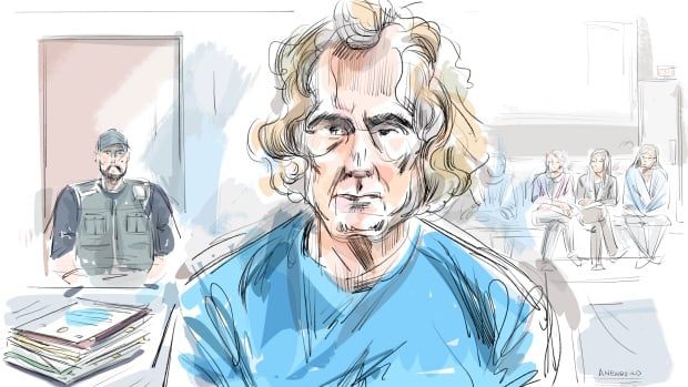 Notorious killer and rapist Paul Bernardo, centre, is shown as he appears via video feed during a Parole Board of Canada hearing, in a sketch made Tuesday, Nov. 26, 2024.