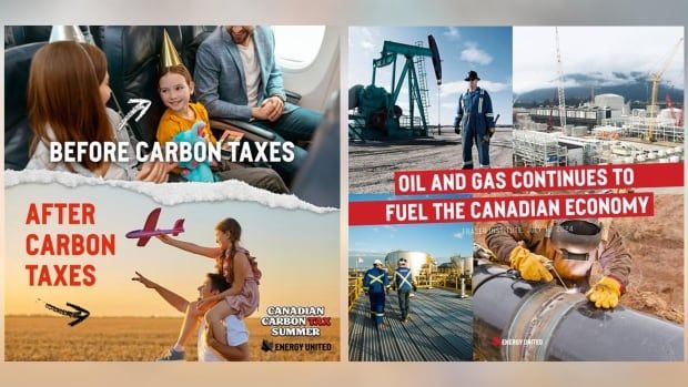 Two visual ads shown side by side. The one on the left shows a family in an airplane with the label "before carbon tax" and a girl playing with a toy plane with the label "after carbon tax." The one on the right shows several images of oil workers with the label "Oil and gas continues to fuel the Canadian economy."