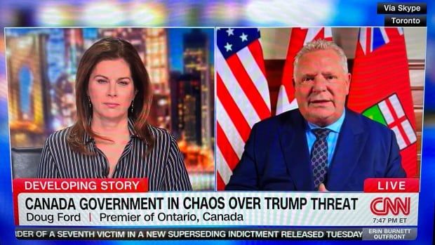 Ontario Premier Doug Ford appeared on CNN's Erin Burnett OutFront on Tuesday night. He struck a more conciliatory tone about Canada-U.S. relations in the wake of U.S. President-elect Donald Trump's threat to impose a 25 per cent tariff on goods from Canada going to the U.S., saying he wants to work with the American government to resolve issues.