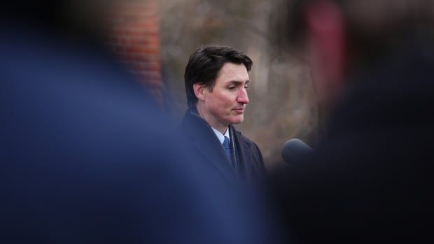 A man in a grey winter coat over a suit and blue tie looks somber standing outside on an overcast day.