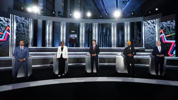 Bloc Quebecois Leader Yves-Francois Blanchet, left to right, Green Party Leader Annamie Paul, Liberal Leader Justin Trudeau, NDP Leader Jagmeet Singh, and Conservative Leader Erin O'Toole pose for an official photo before the federal election English-language Leaders debate in Gatineau, Quebec. 