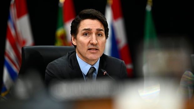 A man in a suit speaks into a microphone. Flags are drapped in the background.