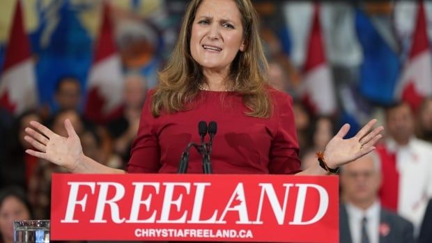 Former finance minister Chrystia Freeland speaks at a press conference in Toronto on Sunday Jan. 19, 2025, as she kicks off her campaign to become the next Liberal party leader.