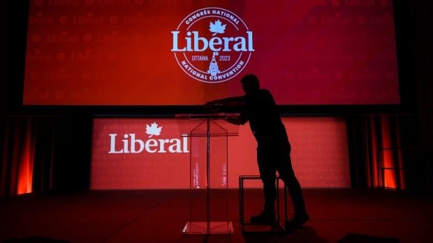 The lectern is installed before keynote addresses at the 2023 Liberal National Convention in Ottawa, on Thursday, May 4, 2023.