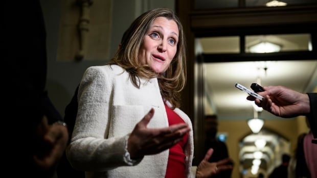 Liberal MP Chrystia Freeland, candidate for the leadership of the Liberal Party of Canada, answers questions from journalists as she makes her way to a meeting of the Liberal caucus, in West Block on Parliament Hill in Ottawa, on Thursday, Jan. 23, 2025. 