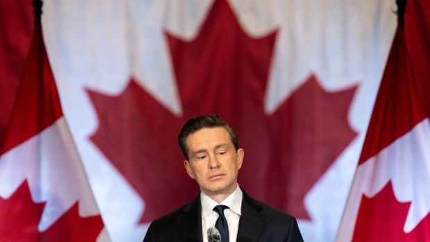 Conservative Leader Pierre Poilievre listens to questions from media during a news conference in Vancouver on Sunday, February 2, 2025.