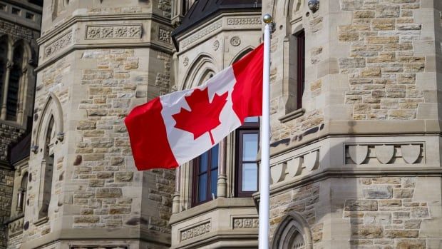 A Canadian flag flies in front of the offices of the prime minister