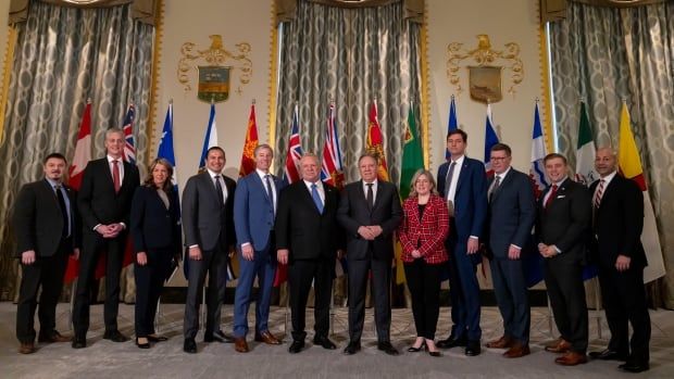 A row of people in business attire pose for a group photo in front of a row of flags.