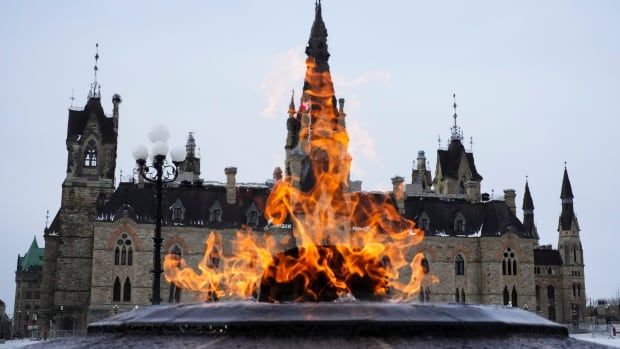 The Centennial Flame burns in front of the West Block on Parliament Hill  in Ottawa on Wednesday, Jan. 8, 2025.