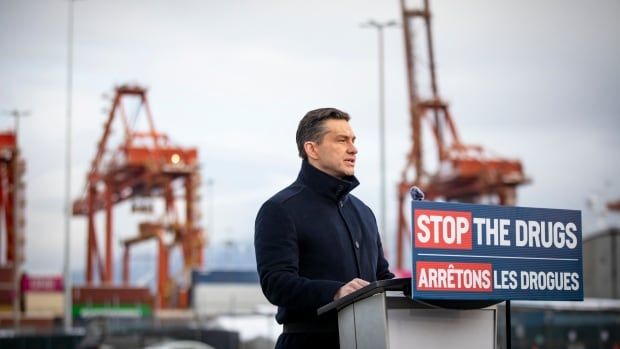 Pierre Poilievre, leader of the official opposition, is pictured during an announcement on fentanyl trafficking sentences at the port of Vancouver in Vancouver, B.C, on Wednesday, Feb 5, 2025.