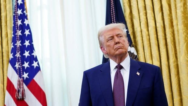 A man in a navy suit with a purple tie stands in an office with American flags behind him.