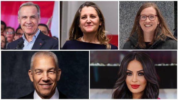 Headshots of Mark Carney, Chrystia Freeland, Karina Gould, Frank Baylis and Ruby Dhalla