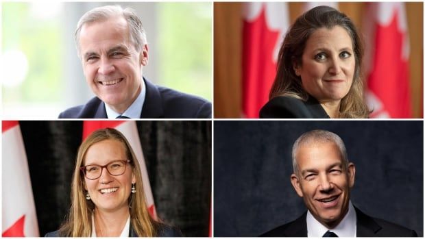 Liberal Party leadership candidates are seen in this composite. Top, from left to right: Mark Carney and Chrystia Freeland. Bottom, from left to right: Karina Gould and Frank Baylis.