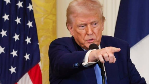 President Donald Trump speaks during a joint press conference with France's President Emmanuel Macron in the East Room of the White House in Washington, Monday, Feb. 24, 2025.