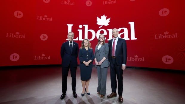 Liberal Party of Canada leadership candidates Mark Carney, Chrystia Freeland, Karina Gould and Frank Baylis pose prior to the French-language Liberal Leadership debate in Montreal, Monday, Feb. 24, 2025. The Federal Liberals will pick a new leader on March 9.