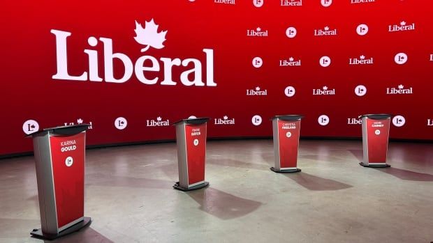 Podiums set up ahead of the English-language Liberal leadership debate on Tuesday, Feb. 25, 2025.