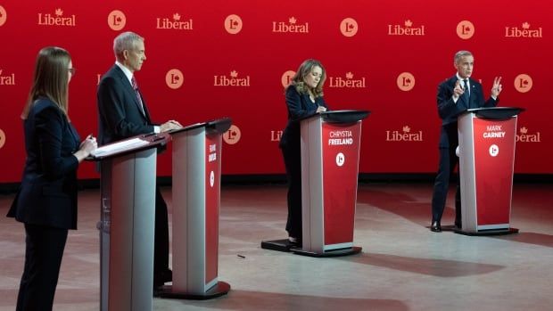 Liberal Party of Canada leadership candidates Karina Gould, Frank Baylis, Chrystia Freeland and Mark Carney take part in the English-language Liberal Leadership debate in Montreal on Tuesday, Feb.25, 2025. The Federal Liberals will pick a new leader on March 9.