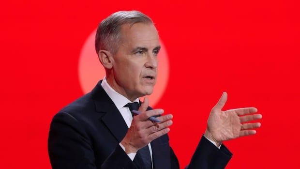 Liberal Party of Canada leadership candidate Mark Carney gestures during the French-language Liberal Leadership debate in Montreal, Monday, Feb. 24, 2025. The Federal Liberals will pick a new leader on March 9.