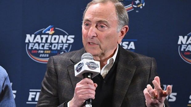 NHL commissioner Gary Bettman speaks to the media prior to the game during the NHL 4 Nations Face-Off at Bell Centre on February 12, 2025 in Montreal, Quebec.