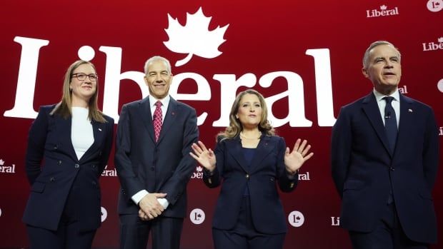 Liberal Party of Canada leadership candidates Karina Gould, Frank Baylis, Chrystia Freeland and Mark Carney pose prior to the English-language Liberal Leadership debate in Montreal on Tuesday, Feb. 25, 2025. The Federal Liberals will pick a new leader on March 9.