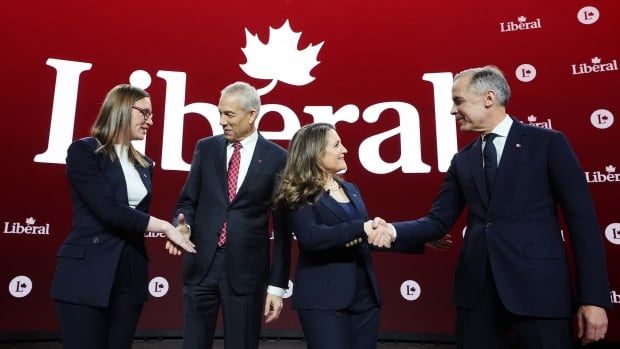 Liberal Party of Canada leadership candidates Karina Gould, Frank Baylis, Chrystia Freeland and Mark Carney greet one another prior to the English-language Liberal Leadership debate in Montreal on Tuesday, Feb. 25, 2025. The Federal Liberals will pick a new leader on March 9. 