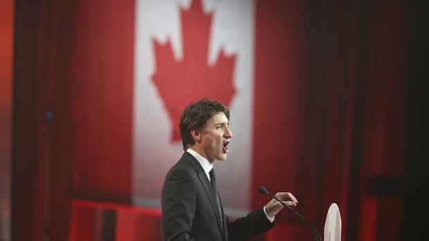 Justin Trudeau speaks during the Liberal leadership race at Rogers Centre in Ottawa on March 9, 2025.