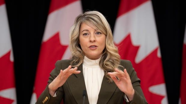 Foreign Affairs Minister Melanie Joly responds to a question during a news conference on tariffs, Wednesday, March 12, 2025 in Ottawa.