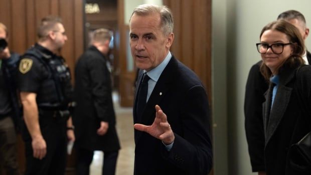 Liberal leader Mark Carney speaks briefly with media before making his way to caucus meeting on Monday, March 10, 2025 in Ottawa. 