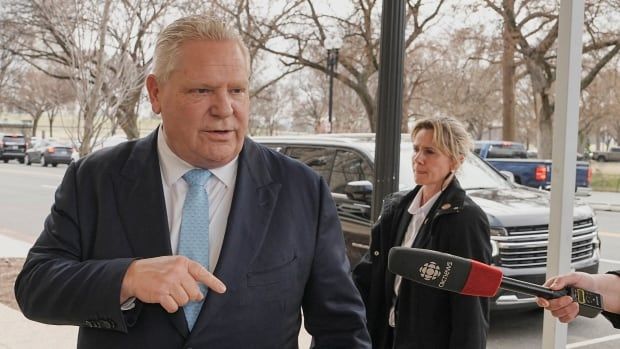 Ontario Premier Doug Ford speaks to the media as he attends a meeting with U.S. Commerce Secretary Howard Lutnick and U.S. Trade Representative Jamieson Greer for talks on trade and tariffs, in Washington, D.C., U.S., March 13, 2025.