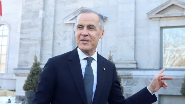 A grey-haired man in a suit speaks in front of a stone building with Canadian flags.