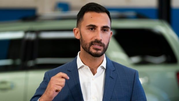 Ontario Minister of Education Stephen Lecce delivers remarks at Lakeshore Collegiate Institute in Toronto on Aug. 31, 2023.