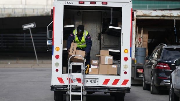 The open back of a postal service truck is shown. A person is standing in the back of the truck, carrying boxes down onto an upright trolley. 