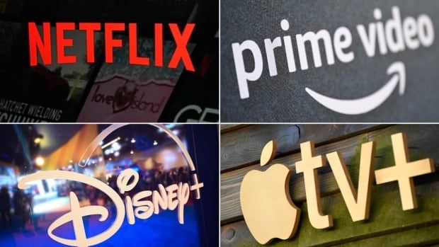 Logos for Netflix, Amazon Prime, Disney+, and Apple TV+ are arranged in a composite.