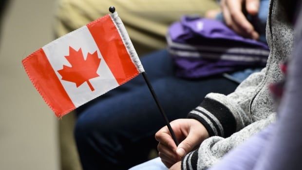 Someone holds a small Canada flag in their hand while seated. 