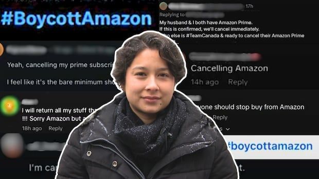 A woman in a coat is at the centre of an image. In the background are tweets and posts regarding Amazon