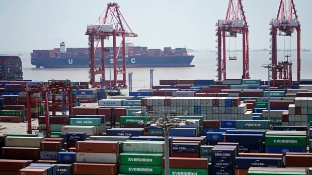 Dozens of shipping containers are shown at a large sea port.