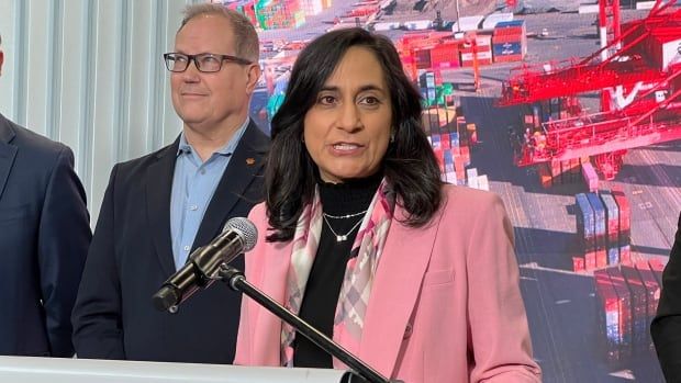 A woman speaks behind a podium as others look on.