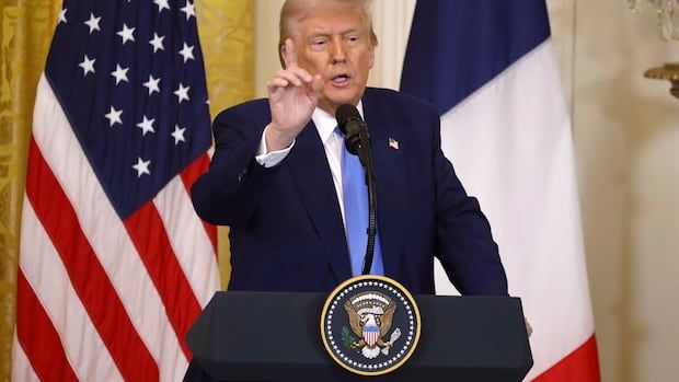 President Donald Trump speaks during a joint press conference with France's President Emmanuel Macron in the White House in Washington D.C.