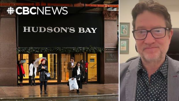 A composite image featuring customers standing outside a Hudson's Bay store, and a smiling man wearing a suit.