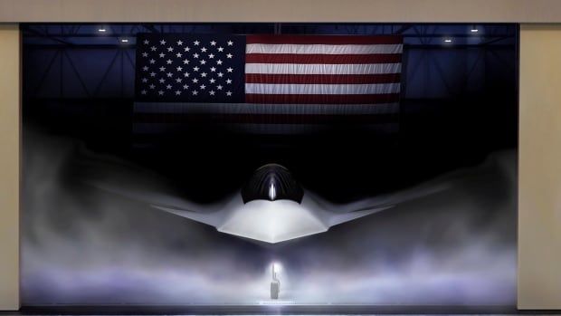 A rendering of a plane under a U.S. flag. 