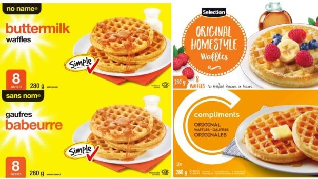 A composite image shows the front of three different frozen waffle packages, including no name, Selection and Compliments waffles. The packages all show photos of waffles on them. 